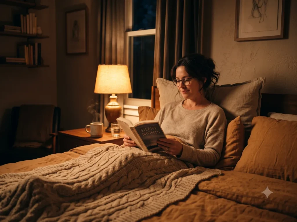 Como dormir melhor depois dos 40. mulher madura lendo livro à noite em ritual para dormir melhor