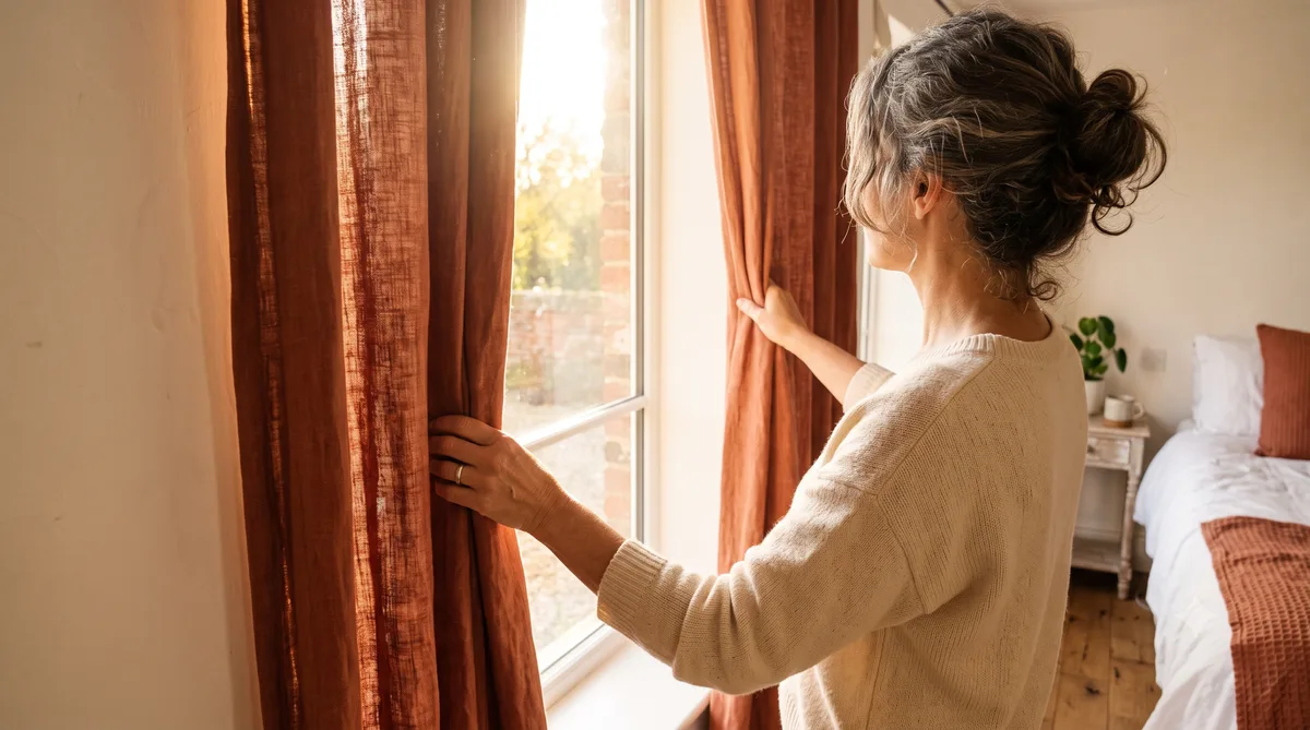 mulher de 40 anos começando sua rotina matinal abrindo a janela